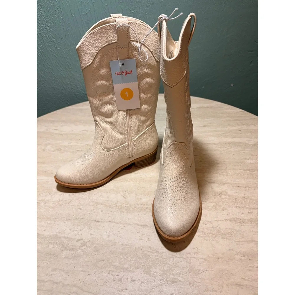 Cat & Jack Girls Cream Western Cowboy Boots Side Zip Size 1 NWT